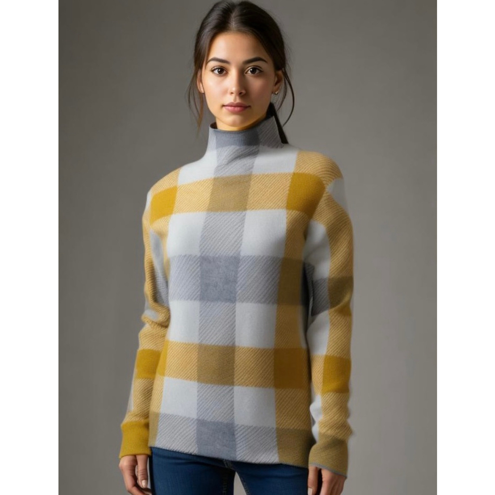 Tahari Womens Sweater Size Large Yellow Gray Plaid Mock Turtleneck Indie Sleaze